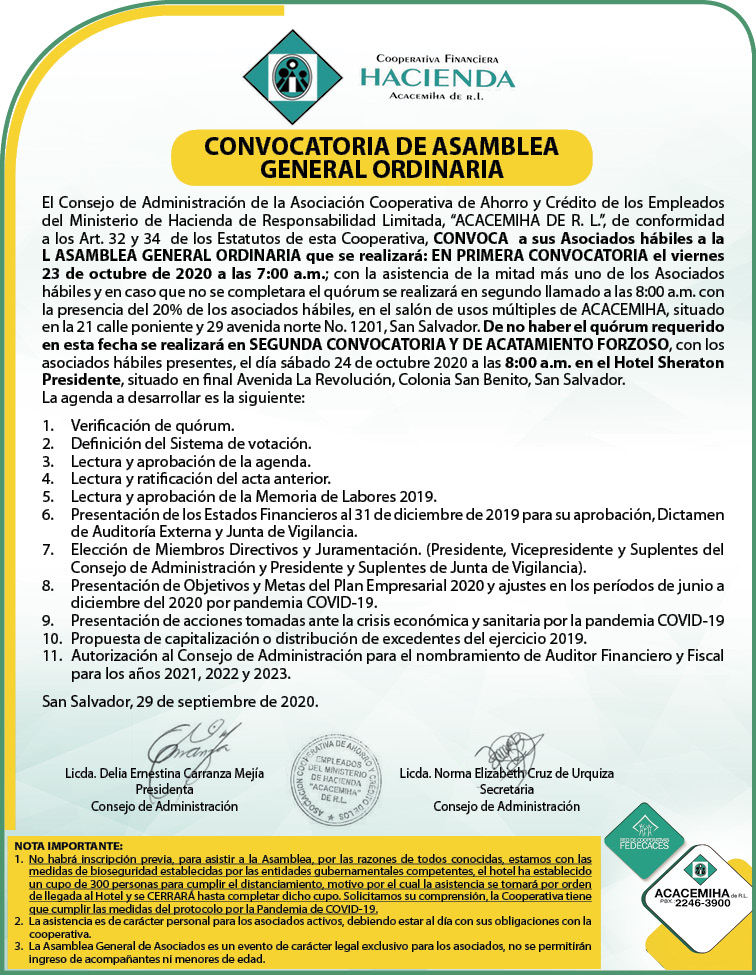 CONVOCATORIA Convocatoria a Asociados de ACACEMIHA de R.L.