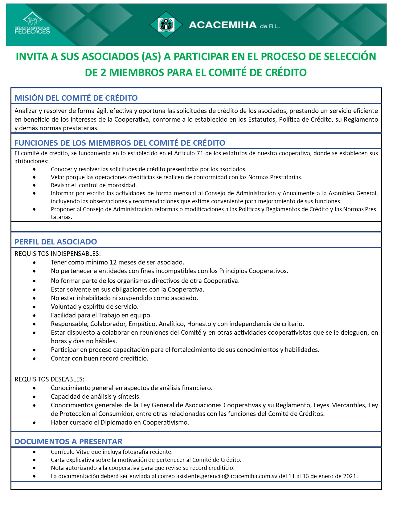 Convocatoria de Comite de Crédito Enero 2021