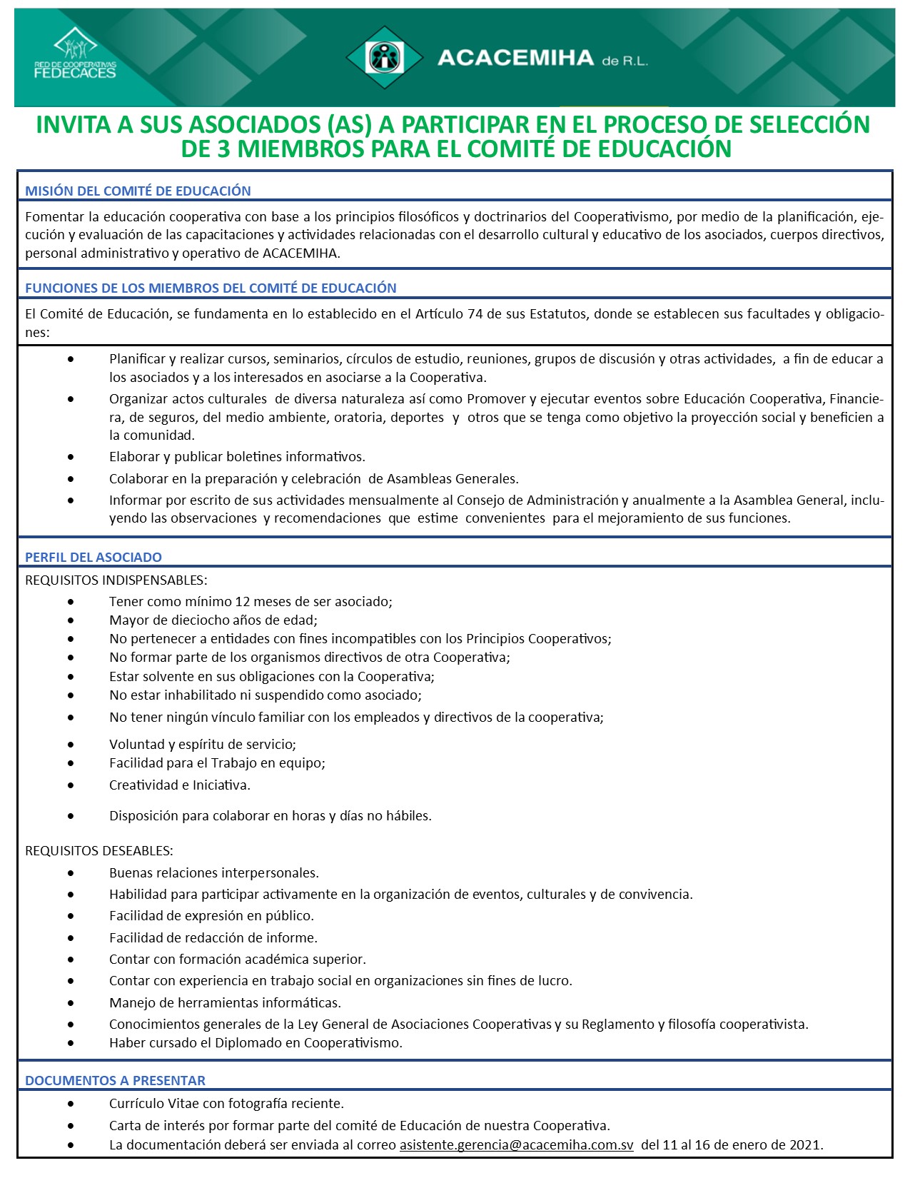 Convocatoria de Comite de Educación Enero 2021