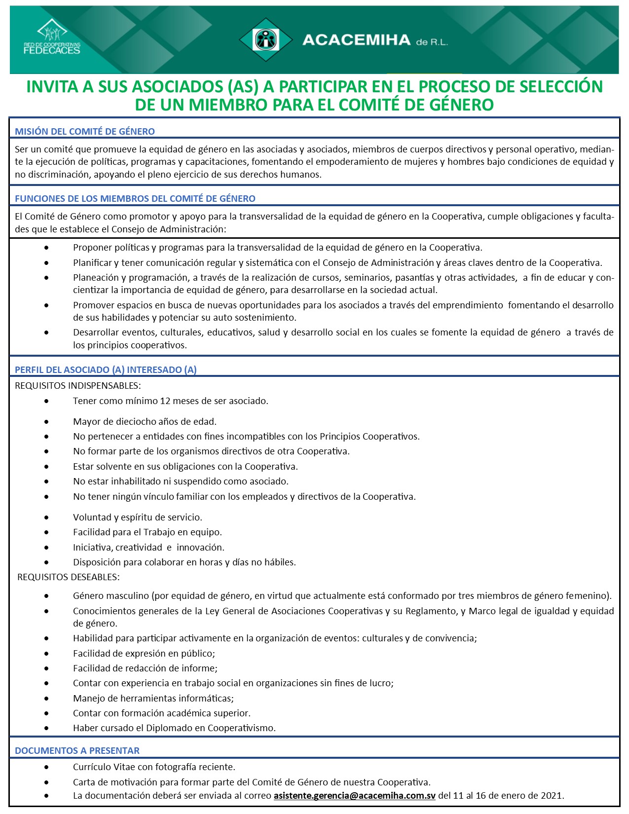 Convocatoria de Comite de Género Enero 2021